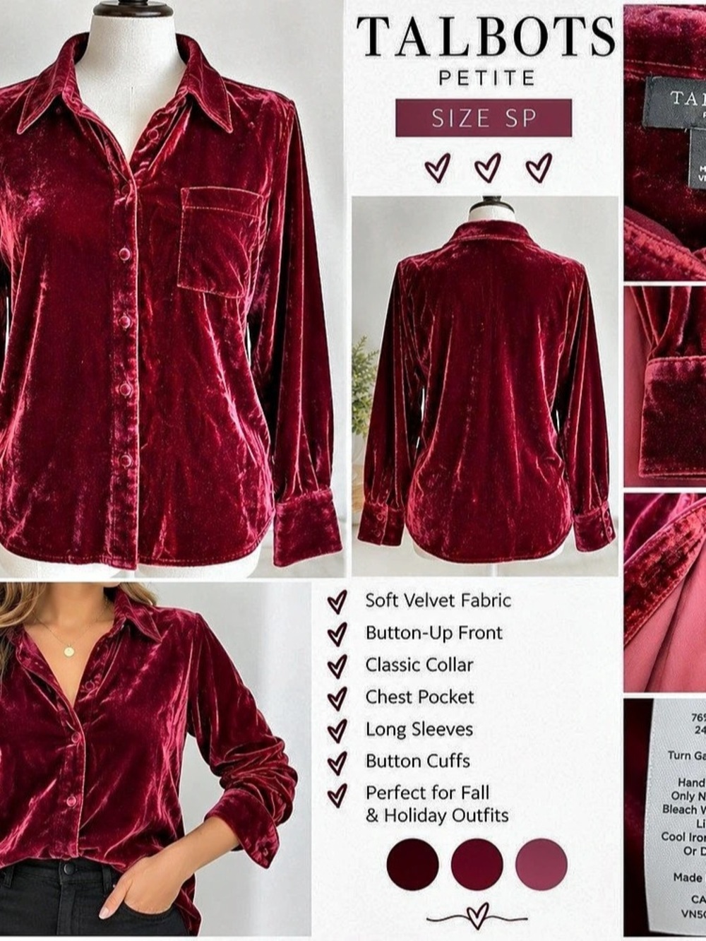 Talbots Effortless Velvet Button Front Shirt Velvet Button-Front Blouse Burgundy